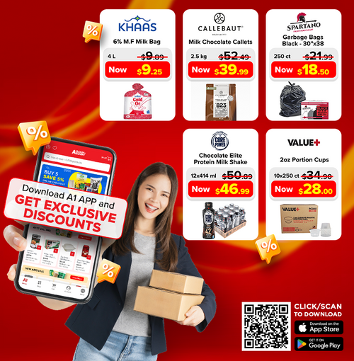 A1 App homepage banner promoting exclusive discounts on Milk Bag, Milk Chocolate Callets, Garabage Bags Black - 30 x38, Choclate Elite Protein Milk Shake and 2oz Portion Cups.
