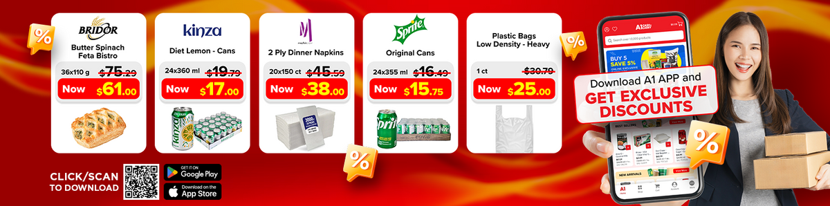A1 App homepage banner promoting exclusive discounts on Butter Spinach Feta Bistro, Diet Lemon Cans, 2 Ply Dinner Napkins, Sprite Original Cans, and Plastic Bags Low Density - Heavy.