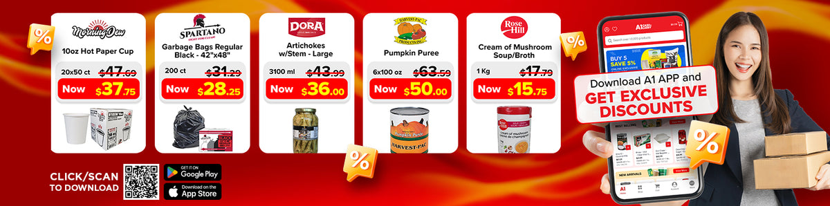 A1 App homepage banner promoting exclusive discounts on 10oz Hot Paper Cup, Garbage Bags Regular Black, Artichokes w/Stem - Large, Pumpkin Puree, and Cream of Mushroom Soup/Broth.