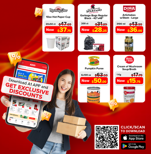A1 App homepage banner promoting exclusive discounts on 10oz Hot Paper Cup, Garbage Bags Regular Black, Artichokes w/Stem - Large, Pumpkin Puree, and Cream of Mushroom Soup/Broth.