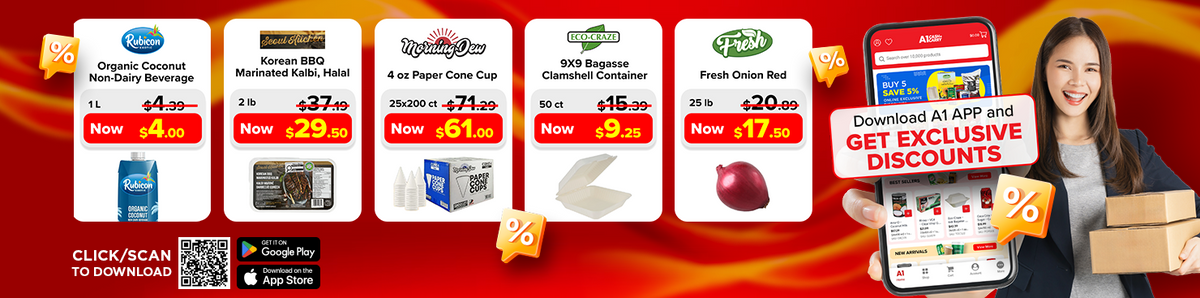 A1 App homepage banner promoting exclusive discounts on Organic Coconut Non-Dairy Beverage, Korean BBQ Marinated Kalbi (Halal), 4 oz Paper Cone Cup, 9X9 Bagasse Clamshell Container, and Fresh Onion Red.