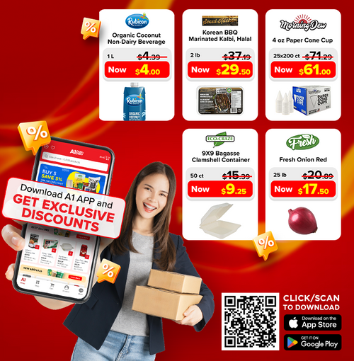 A1 App homepage banner promoting exclusive discounts on Organic Coconut Non-Dairy Beverage, Korean BBQ Marinated Kalbi (Halal), 4 oz Paper Cone Cup, 9X9 Bagasse Clamshell Container, and Fresh Onion Red.