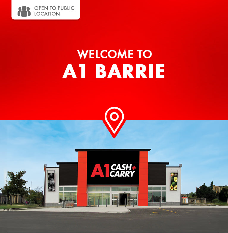 Welcome to A1 Barrie. This is a open to the public location. Exterior of the A1 Cash and Carry Barrie store.