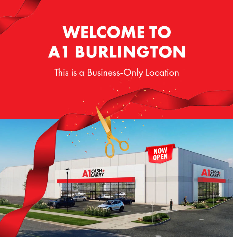 Welcome to A1 Burlington. This is a business only location. Exterior of the A1 Cash and Carry Burlington store.