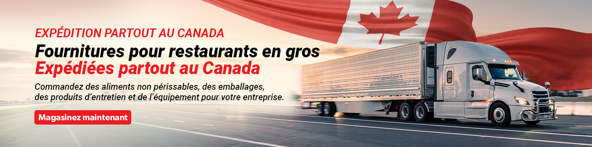 Expédition partout au Canada. Fournitures pour restaurants en gros, expédiées partout au Canada. Commandez des aliments non périssables, des emballages, des produits d’entretien et de l’équipement pour votre entreprise. Magasinez maintenant. Camion de transport avec un drapeau canadien.