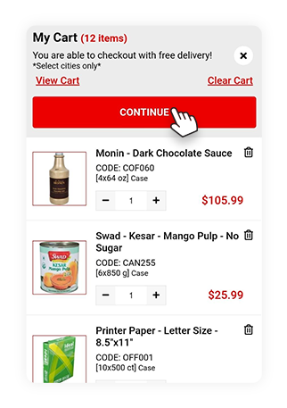 A1 Cash and Carry "My Cart" screenshot showing the "CONTINUE" button for selection.