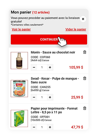 Capture d’écran de la page « Mon panier » d’A1 Cash and Carry montrant le bouton « CONTINUER » à sélectionner.