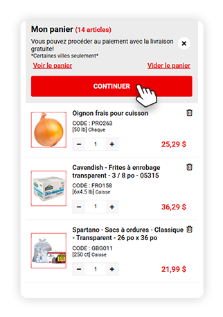 Capture d’écran de « Mon panier » d’A1 Cash and Carry montrant le bouton « CONTINUER » à sélectionner.
