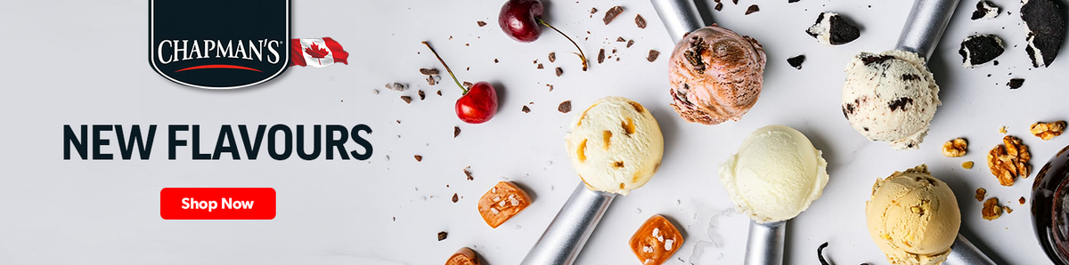 Chapman's new ice cream flavours with scoops, cherries, chocolate, caramel, and nuts. Click to shop