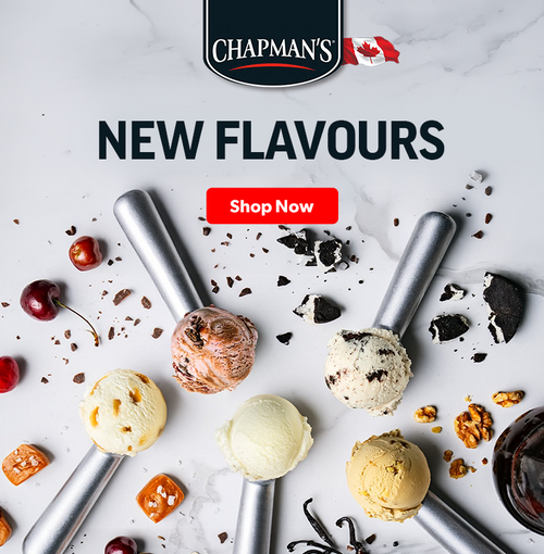 Chapman's new ice cream flavours with scoops, cherries, chocolate, caramel, and nuts. Click to shop