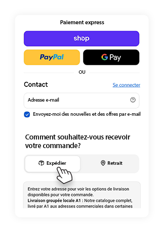 Capture d’écran de la page « Paiement express » d’A1 Cash and Carry montrant la sélection du bouton « Expédier ».