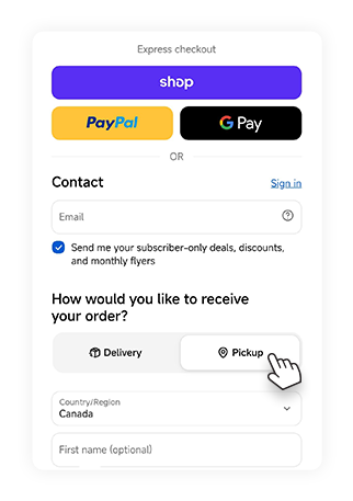 A1 Cash and Carry "Express checkout" screenshot showing the "Pickup" button selection.