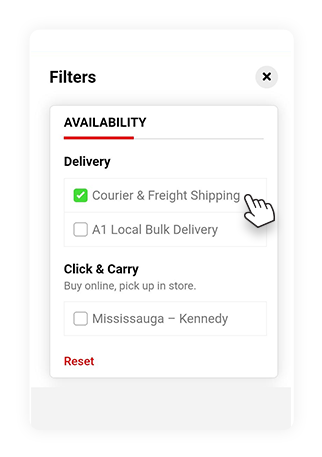 A1 Cash and Carry product listing page “Availability” filter with “Courier & Freight Shipping” selected.