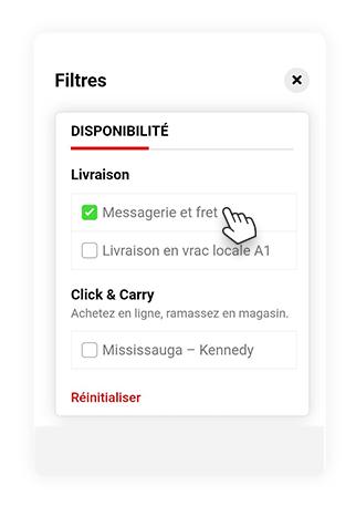 Filtre « Disponibilité » de la page de liste de produits d’A1 Cash and Carry avec l’option « Messagerie et fret » sélectionnée.