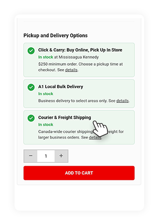 Product page showing availability for Click and Carry, Local Delivery, and Courier and Freight Shipping