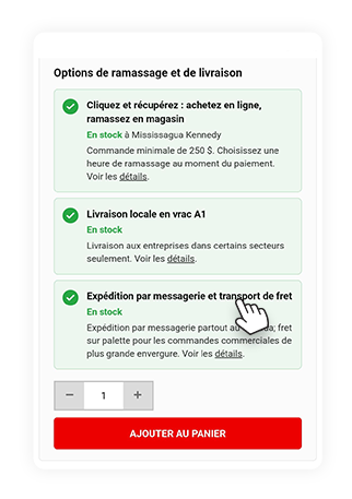 Page produit affichant la disponibilité pour le retrait en magasin, la livraison locale et l’expédition par messagerie et transport de fret