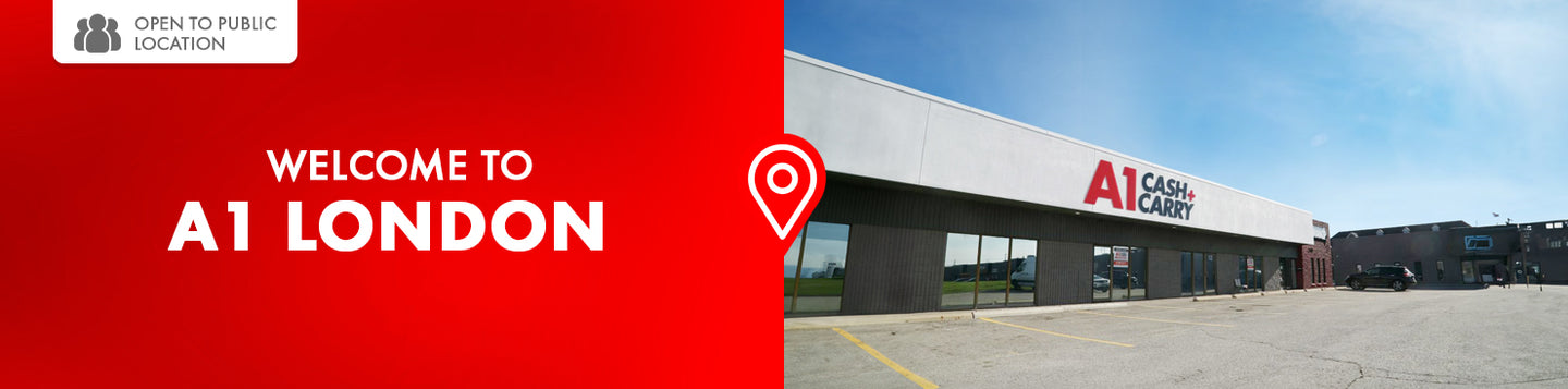 Welcome to A1 London. This is a business only location. Exterior of the A1 Cash and Carry London store.