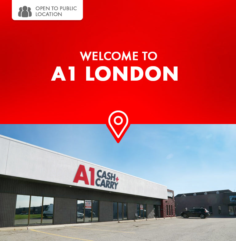 Welcome to A1 London. This is a business only location. Exterior of the A1 Cash and Carry London store.