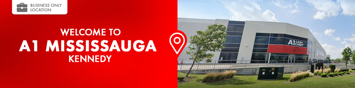 Welcome to A1 Mississauga Kennedy. This is a business only location. Exterior of the A1 Cash and Carry Mississauga Kennedy store.