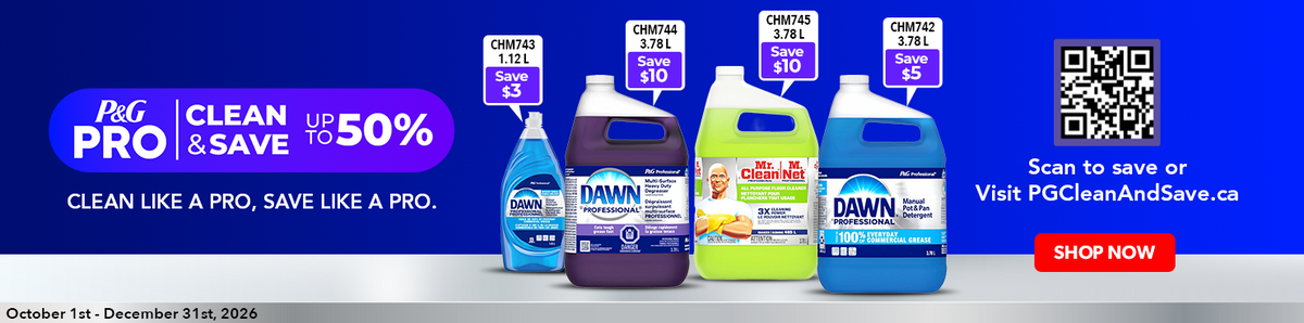 P&G Pro Clean & Save banner featuring Dawn Professional and Mr. Clean Professional products with savings up to 50%. Click to shop participating products.