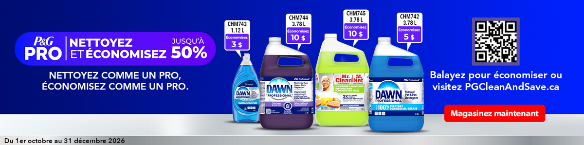 Bannière P&G Pro Nettoyez et économisez présentant des produits Dawn Professional et Mr. Clean Professional avec des économies allant jusqu’à 50 %. Cliquez pour magasiner les produits participants.