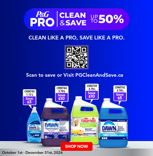 P&G Pro Clean & Save banner featuring Dawn Professional and Mr. Clean Professional products with savings up to 50%. Click to shop participating products.