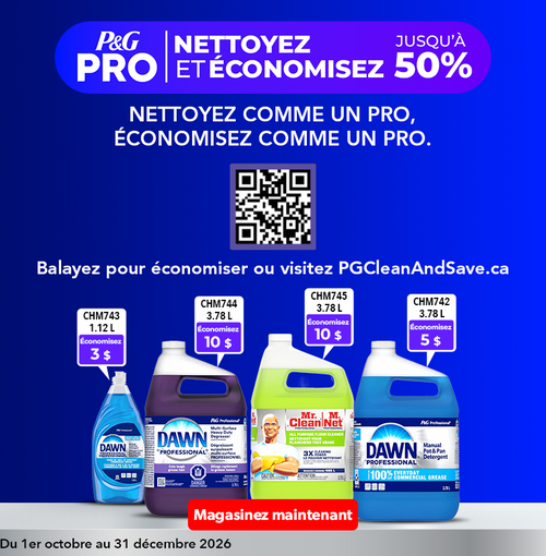 Bannière P&G Pro Nettoyez et économisez présentant des produits Dawn Professional et Mr. Clean Professional avec des économies allant jusqu’à 50 %. Cliquez pour magasiner les produits participants.