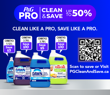 P&G Pro Clean & Save banner featuring Dawn Professional and Mr. Clean Professional products with savings up to 50%. Click to shop participating products.