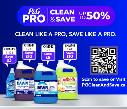 P&G Pro Clean & Save banner featuring Dawn Professional and Mr. Clean Professional products with savings up to 50%. Click to shop participating products.