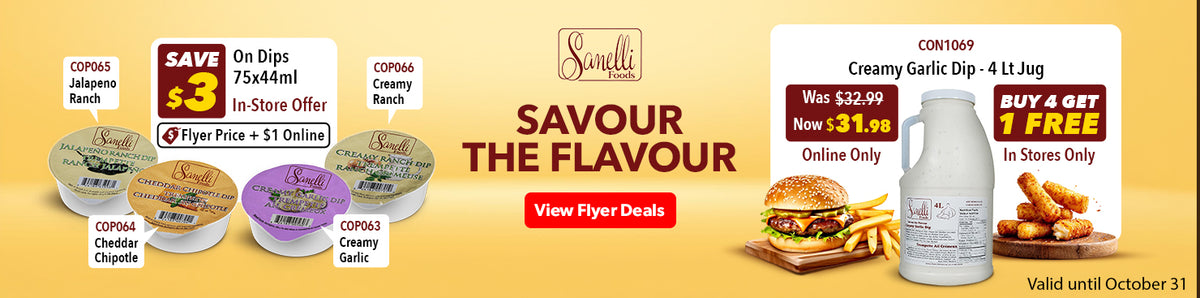 Clickable Senali Food Banner banner promoting $3 savings on Dips, including Creamy Ranch,Jalapeno Ranch, Cheddar Chipotle and Creamy Garlic . Click to view flyer deals.