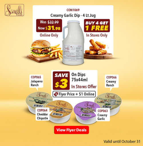 Clickable Senali Food Banner banner promoting $3 savings on Dips, including Creamy Ranch,Jalapeno Ranch, Cheddar Chipotle and Creamy Garlic . Click to view flyer deals.