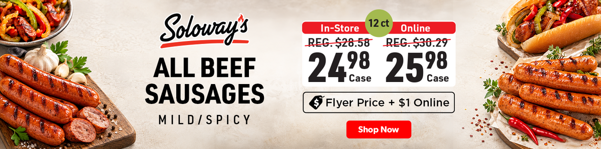 Soloway’s All Beef Sausages, mild or spicy, 12 per case, featured in A1 Cash and Carry’s flyer deals.