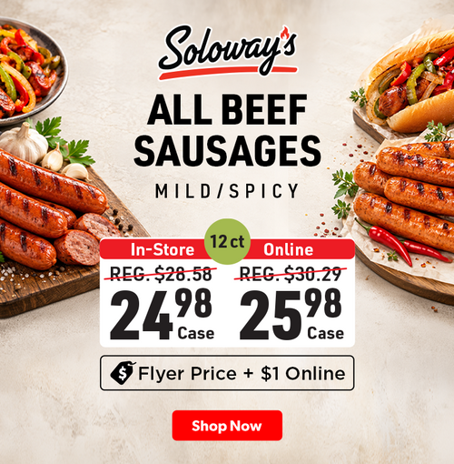 Soloway’s All Beef Sausages, mild or spicy, 12 per case, featured in A1 Cash and Carry’s flyer deals.
