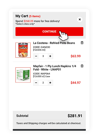 Cart page showing the Continue button for Click & Carry checkout