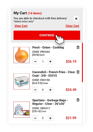 Cart page showing the Continue button for A1 Local Delivery checkout
