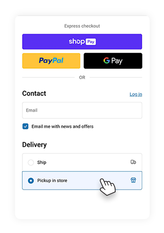 Checkout page showing Pickup in store selected as the delivery option