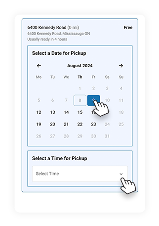 Pickup scheduling screen showing date and time selection