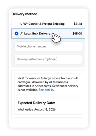 Checkout page showing A1 Local Bulk Delivery as the selected option