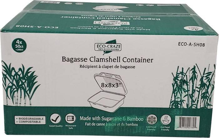 Eco-Craze - 8X8X3 - 3 Compartment Bagasse Clamshell - Biodegradeable EM-773