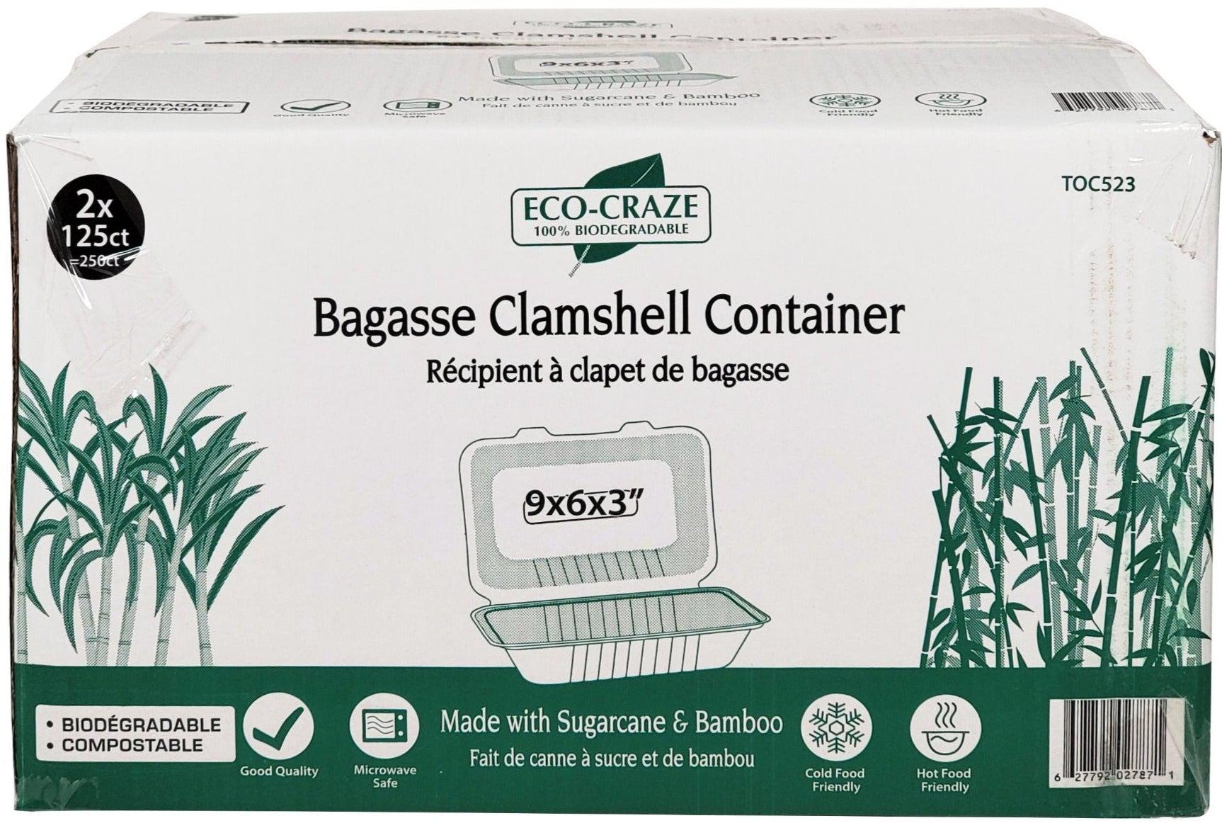 Eco-Craze 9x6x3 Bagasse Clamshell Containers | Bulk Delivery in Canada