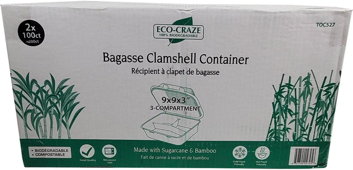 Eco-Craze - Bagasse Clamshell Hinged Container - 9X9 - 3 Compartment